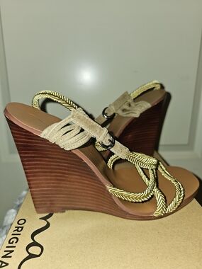 Nina Beige Suede Wedge Sandals with Gold Rope Straps
